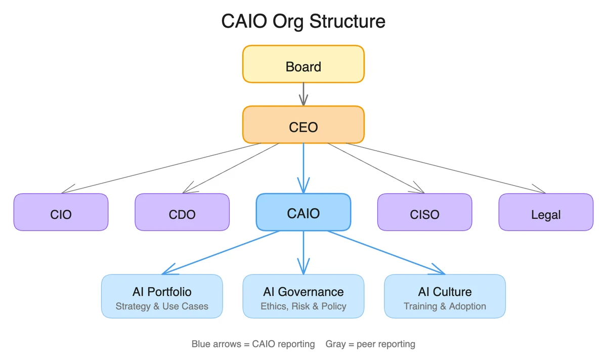 CAIO org structure diagram showing how the Chief AI Officer connects to CIO, CDO, CISO, Legal, and reports to CEO and board