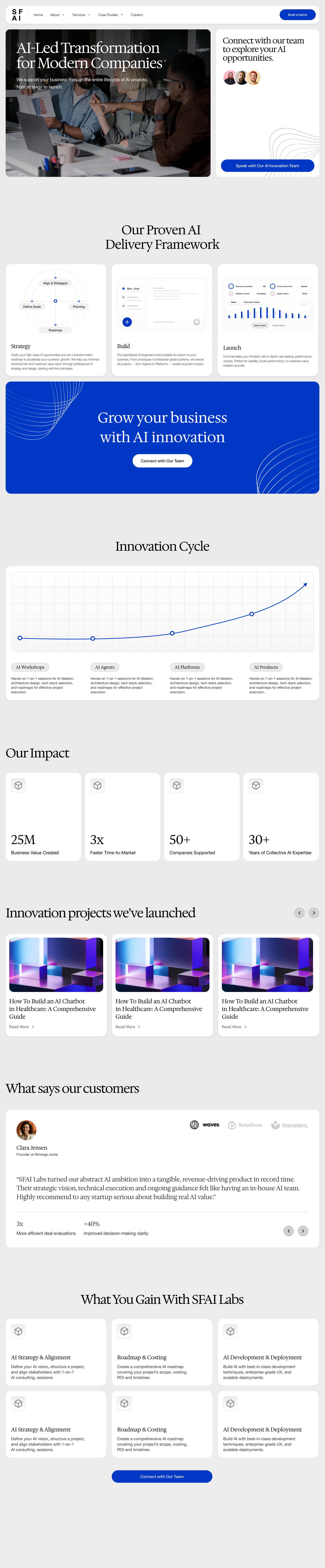 SFAI Labs Design Assets Figma file — V1.2 landing page design, 1440px wide canvas showing the full page layout including navbar, hero section, and framework sections