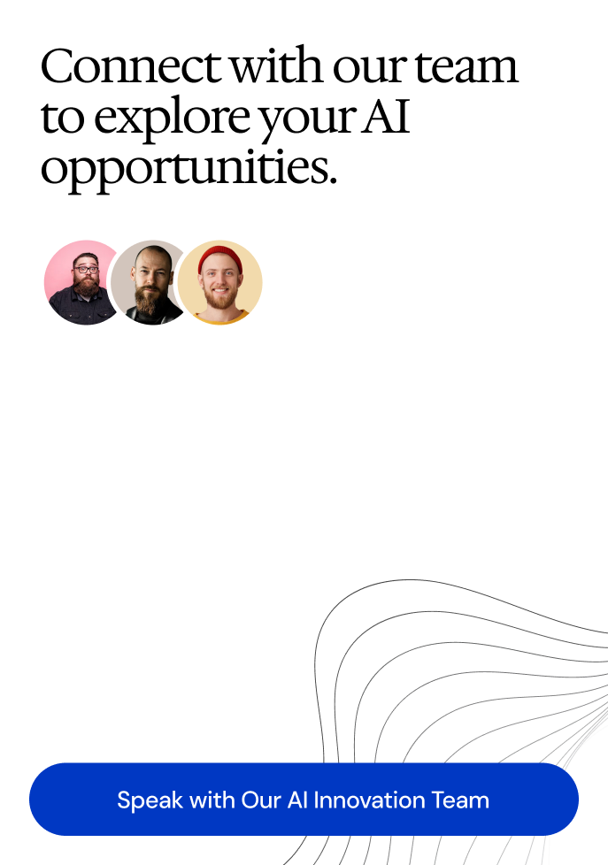 SFAI Labs hero section left panel — white background with text 'Connect with our team to explore your AI opportunities' in Hedvig Letters Serif, and a blue Get Started button in DM Sans 18px