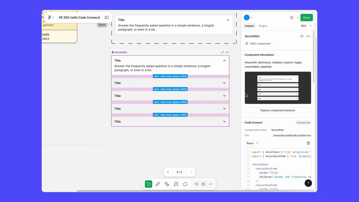 Figma DevMode showing an accordion component with Code Connect panel displaying real React import statements mapped to the design