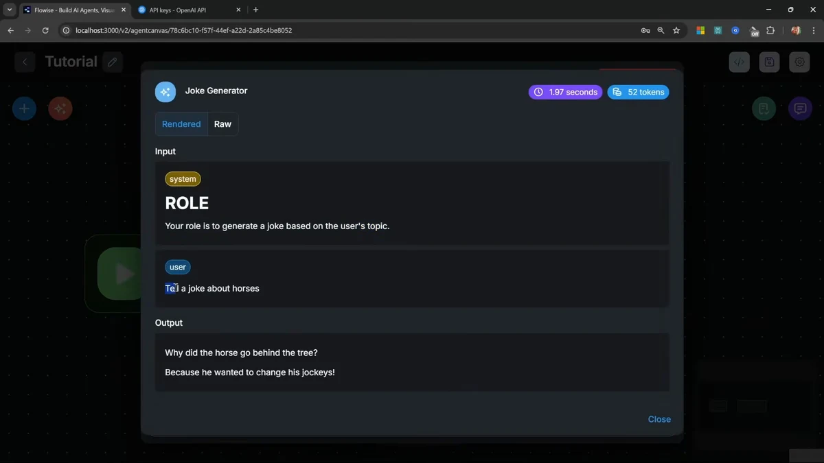 Flowise execution trace showing the Joke Generator node with system prompt, user input, generated output, execution time of 1.97 seconds, and 52 tokens used