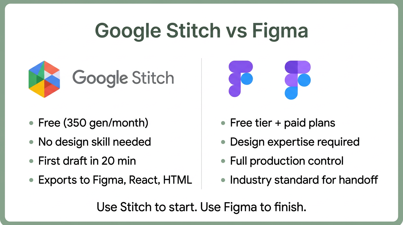 Google Stitch vs Figma comparison showing key differences: Stitch is free with no design skill needed and produces a first draft in 20 minutes, while Figma offers full production control and is the industry standard for developer handoff