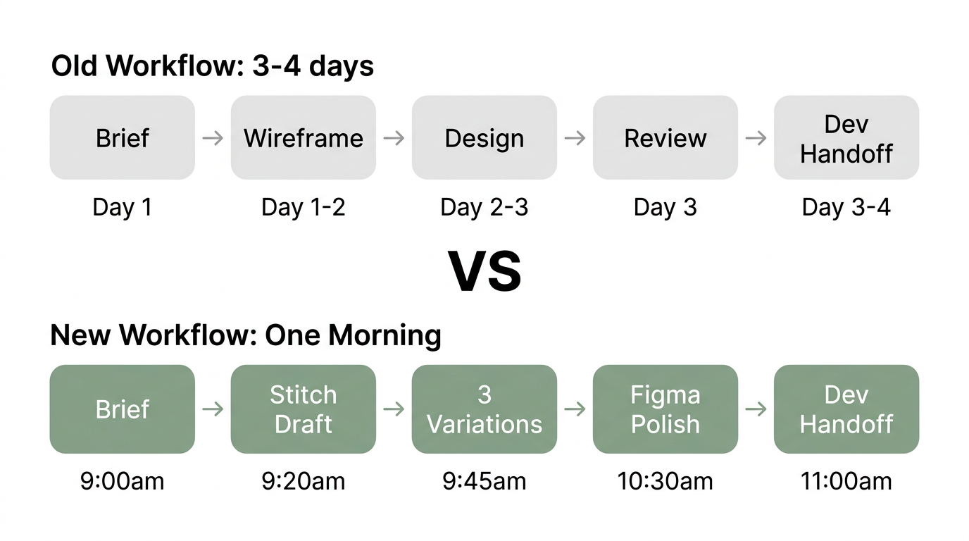 Workflow comparison showing the old design workflow taking 3 to 4 days from brief through wireframe, design, review, and dev handoff, versus the new Stitch workflow completing the same steps in one morning from 9am to 11am