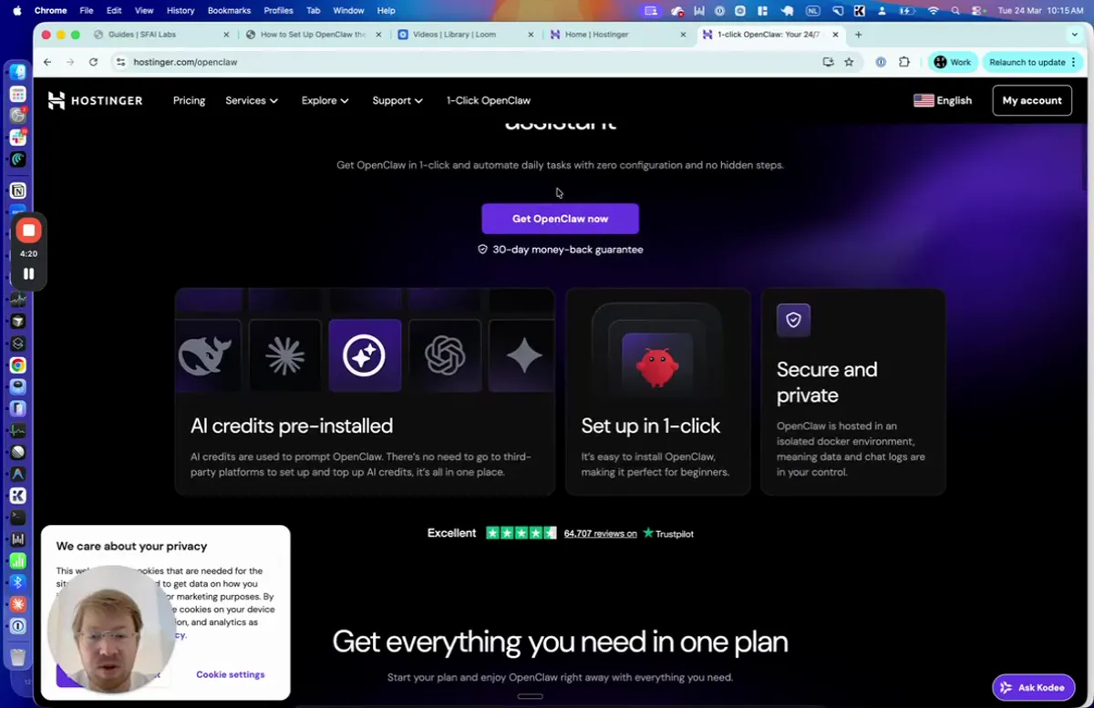 Hostinger OpenClaw product page showing feature icons for AI credits pre-installed, Set up in 1-click, and Secure and private, with a Get Started Now button