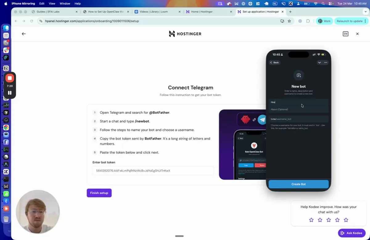 Hostinger Connect Telegram page with the bot creation instructions on the left and a phone showing the Telegram BotFather conversation with a new bot being created