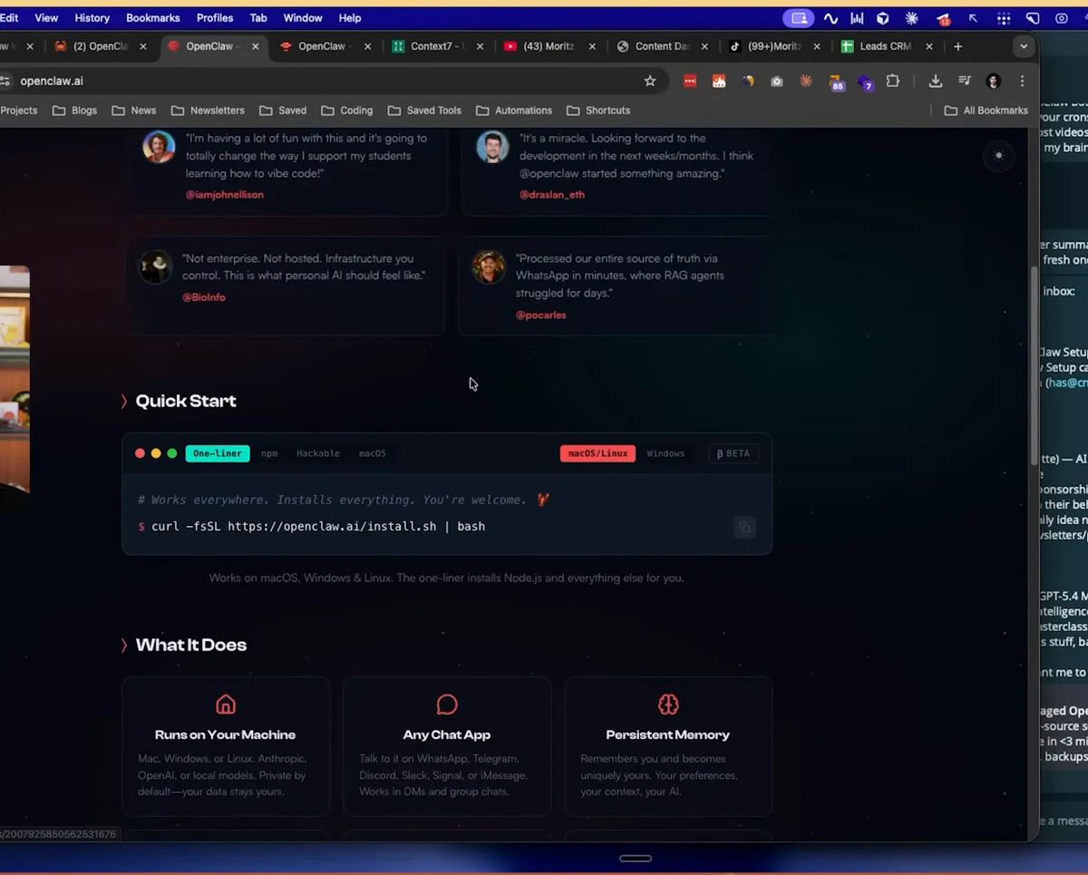 OpenClaw Quick Start page showing the curl install command and What It Does section