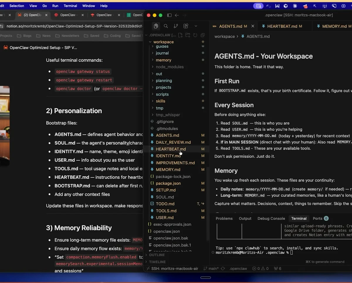 Cursor editor showing the OpenClaw workspace folder with agents.md open and the file tree listing soul.md, identity.md, memory.md and other workspace files
