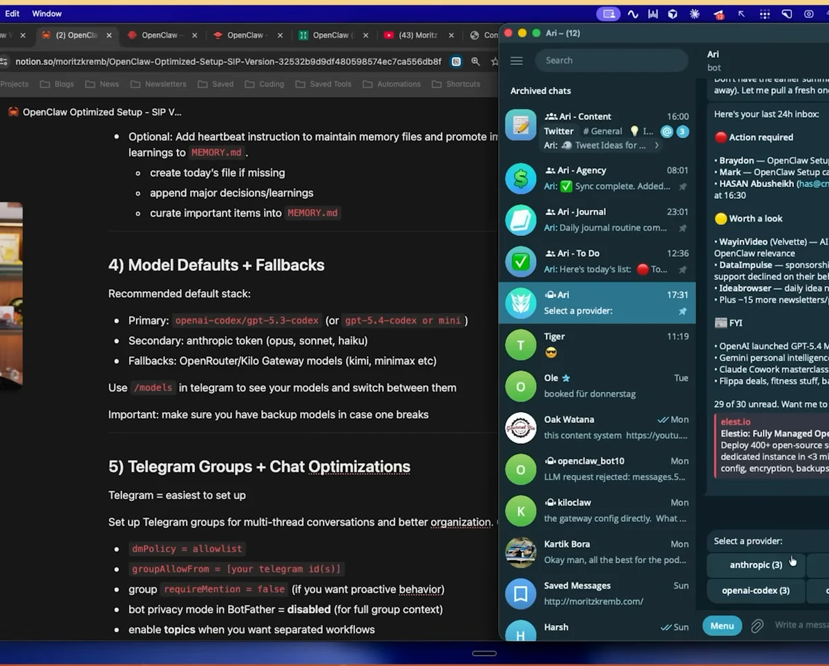 Setup document showing recommended model stack: primary OpenAI OAuth, secondary Anthropic OAuth, fallback OpenRouter — alongside the Telegram app with archived agent chats visible