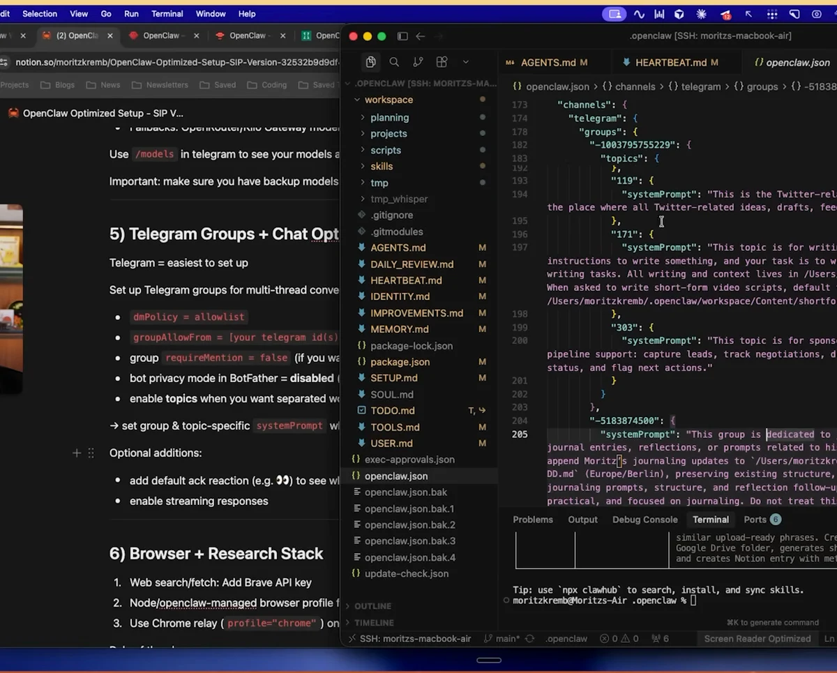 Cursor editor showing the OpenClaw channels.json file with systemPrompt fields for different Telegram topics including writing content, journaling, and sponsorship management