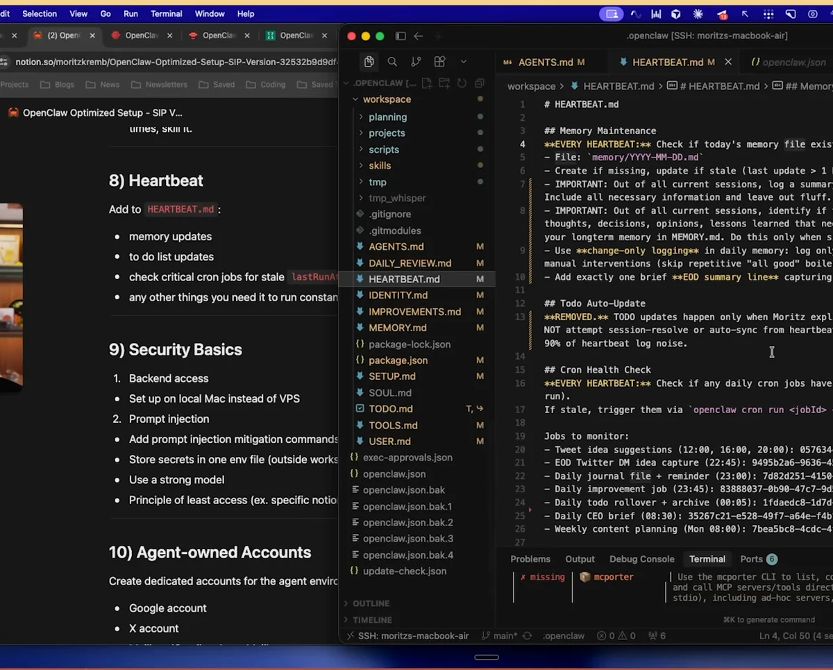 Cursor editor showing the HEARTBEAT.md file with three sections: Memory Maintenance with daily file check instructions, Todo Auto-Update, and Cron Health Check with re-trigger logic